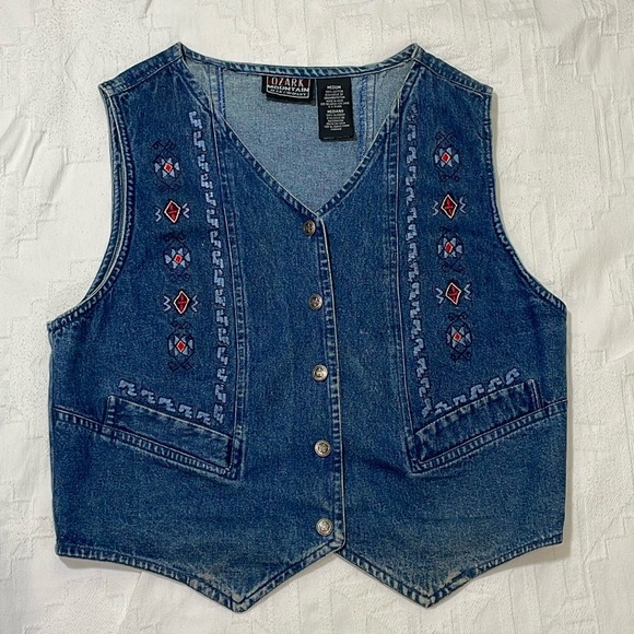 Vintage Embroidered Button Up Denim Vest Red & Blue Ozark Size Medium - Picture 1 of 13